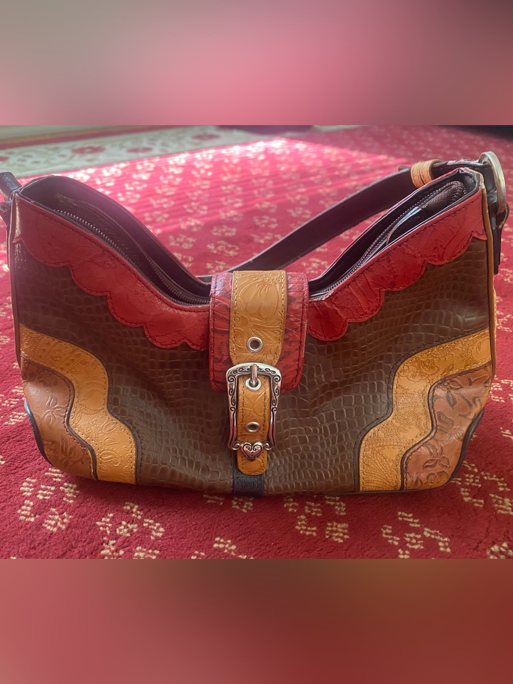 Shoulder Bag in Red, Brown & Tan